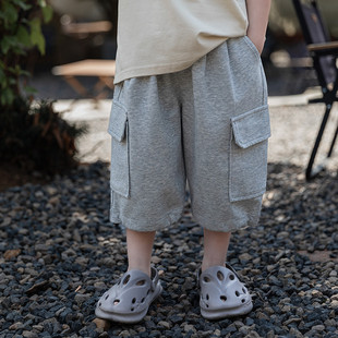 米修叻夏季新品灰色男童七分裤日系工装风男孩黑色夏
