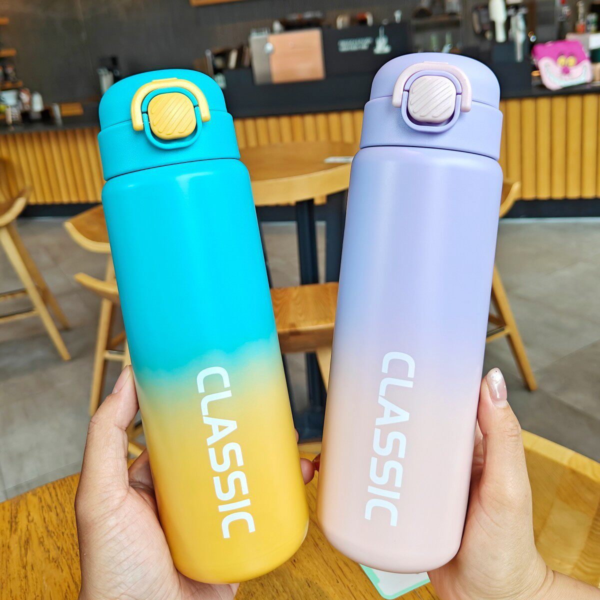 时尚渐变保温杯大容量运动真空水杯骑行户外吸管杯情侣礼品杯批发