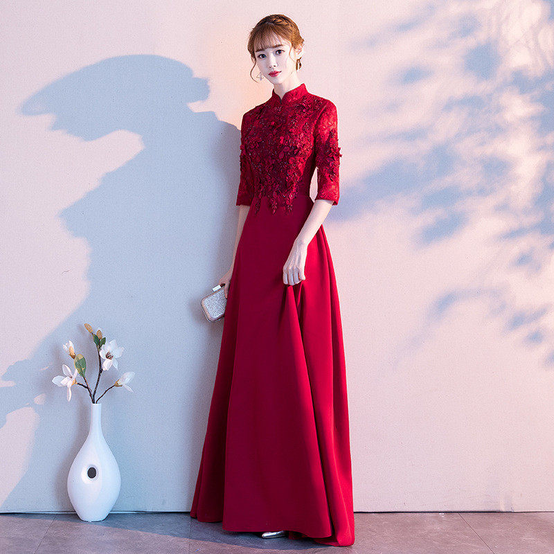 直销中式敬酒服新娘2025新款显瘦酒红色结婚订婚旗袍妈妈装晚礼服