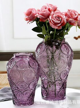 欧式复古浮雕玻璃花瓶客厅餐桌艺术品高级摆件鲜花绿植插花器批发