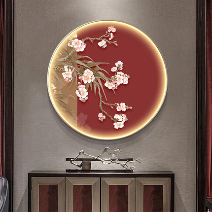 21n喜上眉梢壁画新中式玄关装饰画走廊过道圆形花鸟客厅led灯画挂
