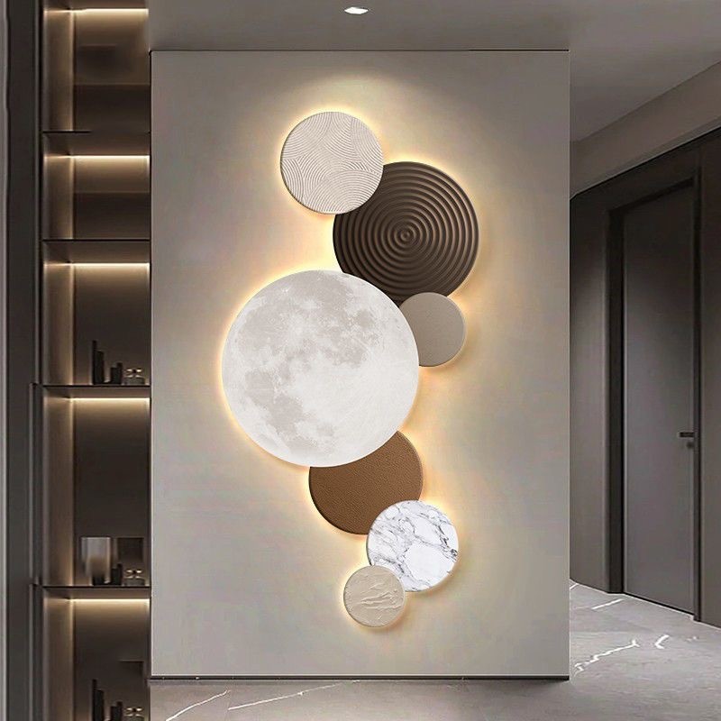现代轻奢入户玄关装饰画led灯壁画肌理圆形几何月亮走廊过道挂画图片