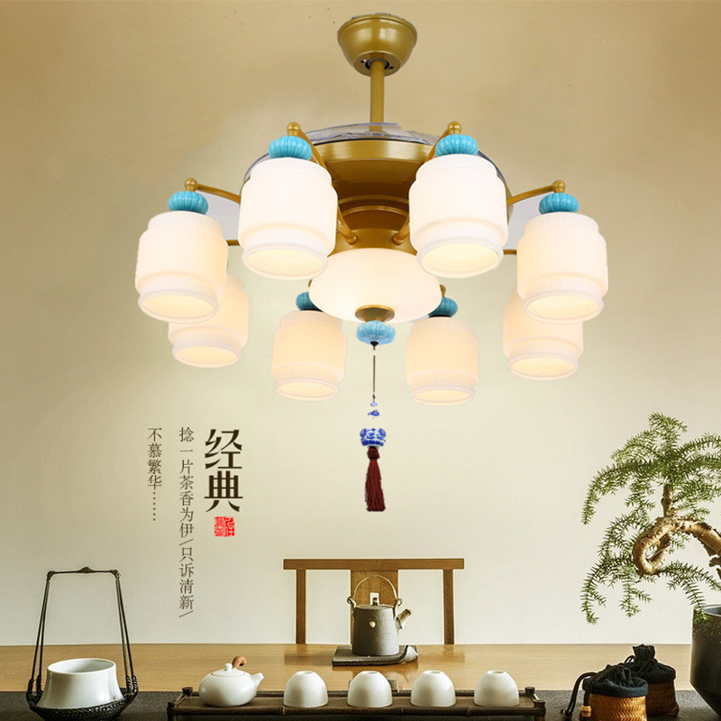 新中式风扇灯隐形吊扇灯led静音遥控卧室客厅餐厅灯美式吊扇吊灯