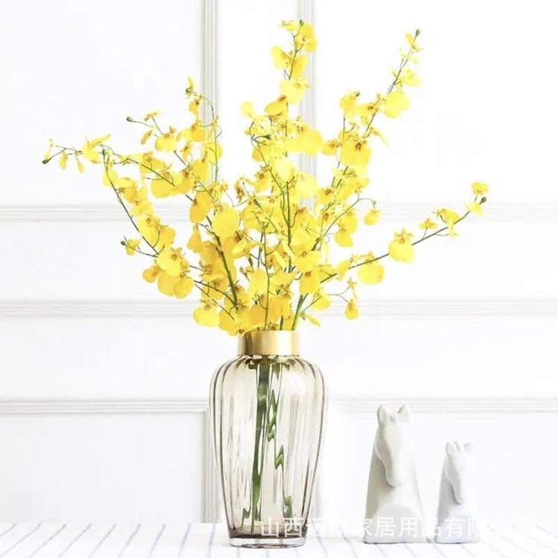 热销西班牙咖色棱镜宽纹铜圈收口玻璃花瓶花器轻奢样板间装饰软装