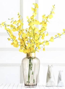 热销西班牙咖色棱镜宽纹铜圈收口玻璃花瓶花器轻奢样板间装饰软装