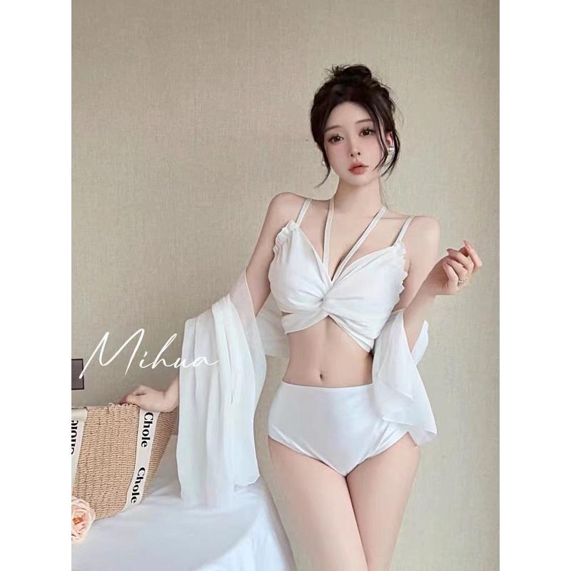 泳衣女款泡温泉高级感钢托大小胸聚拢性感高腰分体比基尼三件套