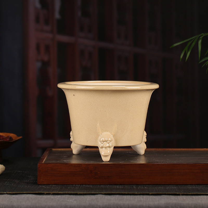 热销宜兴釉水紫砂花盆批发仿古三足圆口好物各种桌面多肉阳台花卉