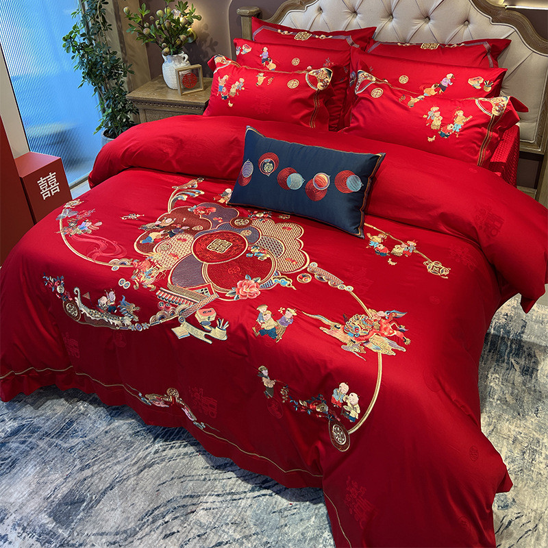 热销22秋高档婚庆100s贡缎提花刺绣四六十件套大红色结婚幸福床上