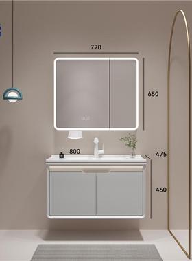 浅灰色圆弧边角浴室柜感应收纳镜盆一体陶瓷卫生间壁挂式镜柜批发