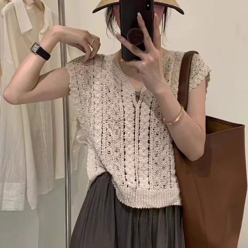 韩系夏季学院甜美编织镂空V领马甲女洋气套头宽松两件套