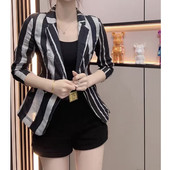 2025春款 小女 显瘦韩版 女七分袖 麻料拼网短款