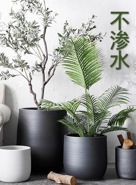 热销落地大花盆现代简约橡皮树室内客厅植物花瓶黑色大口径陶瓷装