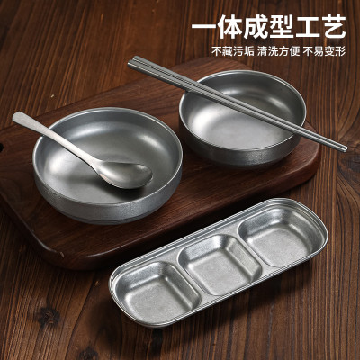 复古不锈钢餐具摆台套装做旧碗碟水杯筷子勺子长方盘烤肉店味碟盘