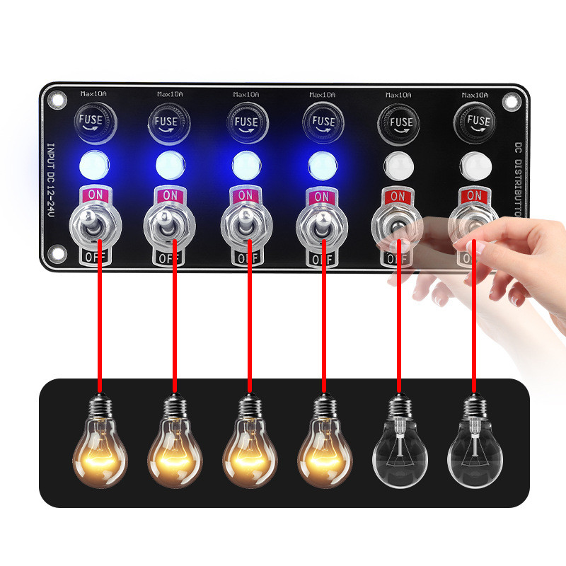 热销新款12-24v汽车房车保险丝改装多功能6开关面板带10a轮船汽车