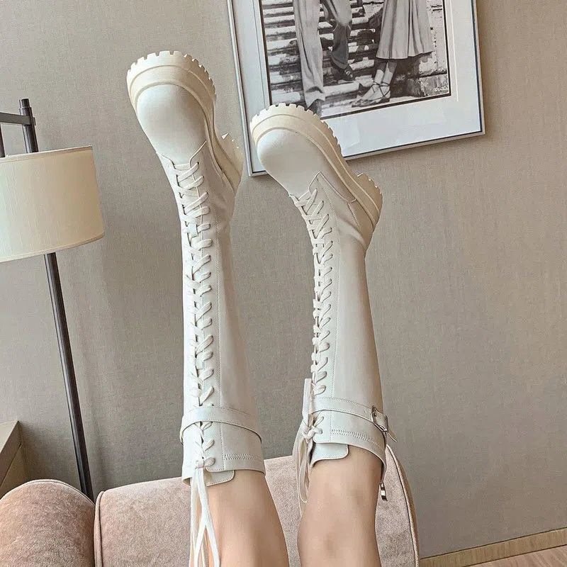 现货速发靴子长筒靴女夏靴年秋季新款白色厚底长靴粗腿系带高筒马