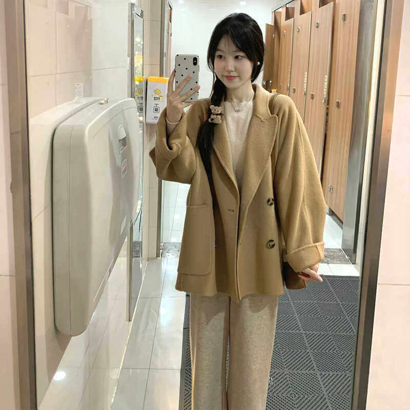小个子女秋冬新款毛呢短款韩版宽松呢子大衣卡其色廓形加厚