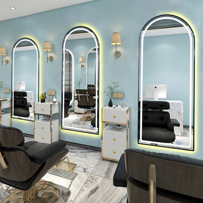 发廊镜子美发镜子挂墙镜台单面落地带灯镜壁挂式理发店led镜专用
