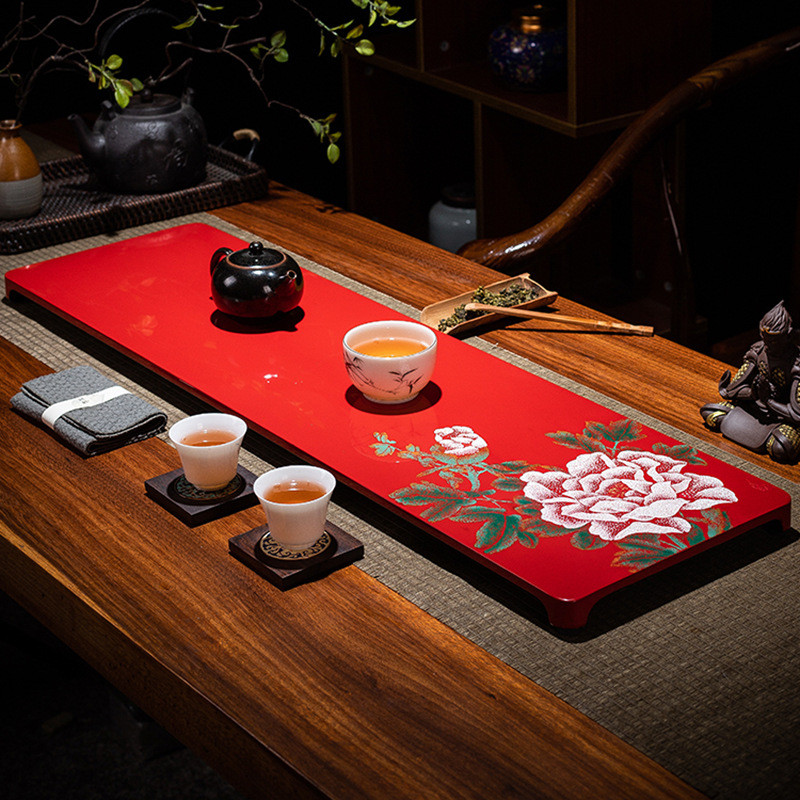 弘一漆器茶盘德化大漆手工制作牡丹花红色茶盘贴蛋壳干泡台茶台