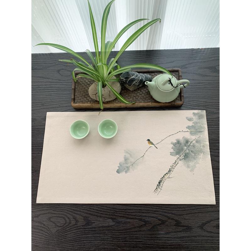 棉麻手绘中式禅意茶席亚麻桌旗茶垫香席茶艺配件茶布香道席干泡席