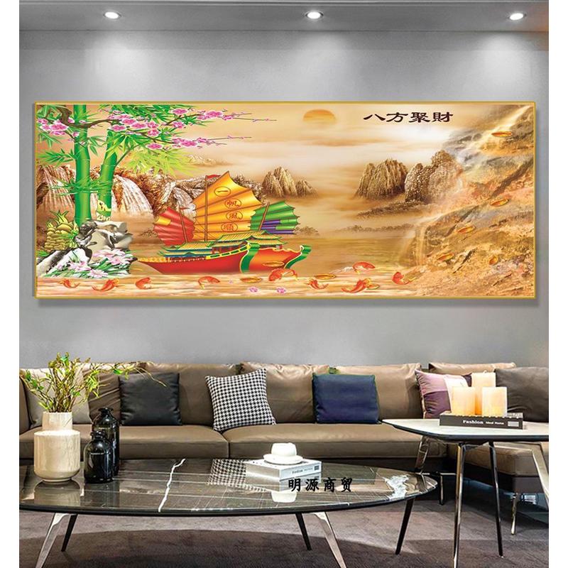 中式客厅沙发墙装饰画一帆风顺挂画办公室晶瓷画山水壁画轻奢红日