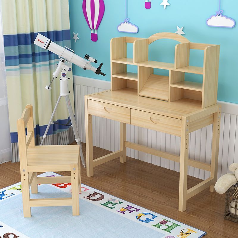 书架全实木可升降学习桌小学生家用写字桌椅套装课桌实木书桌一体