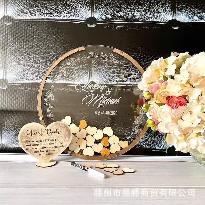 圆形婚礼签到台结婚logo木片相框森系婚礼创意爱心签名册桌面摆件