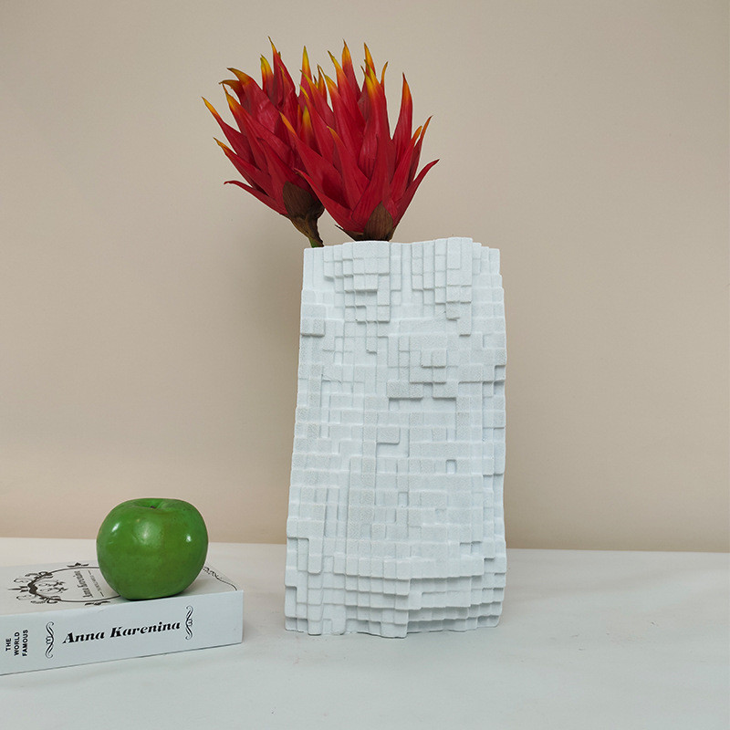 热销白色现代简约树脂抽象马赛克纹几何花器摆件样板间桌面花瓶装