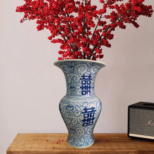 热销客厅青花陶瓷花瓶摆件中式喜字仿古青花瓷样板房售楼处家居摆