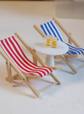 娃娃屋微缩模型沙滩椅木质条纹沙发椅迷你家具仿真布艺小椅子摆件