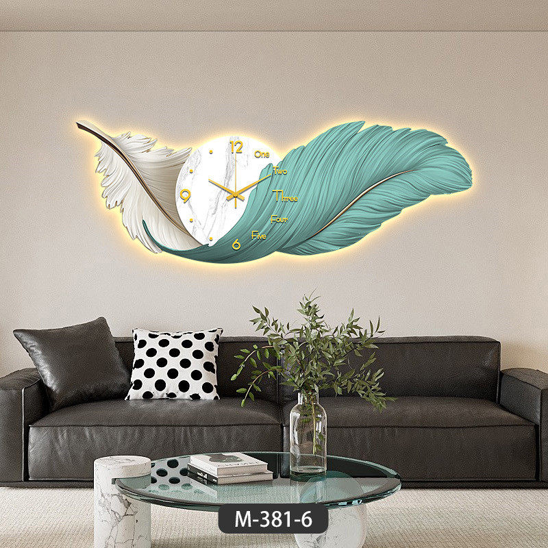 饭厅带灯钟表壁画羽毛轻奢高档大气高级感led餐厅装饰画客厅挂画