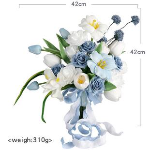 复古灰蓝色玫瑰花婚礼手捧花结婚拍照新娘手拿郁金香仿真家居花艺