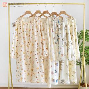 孕妇睡裙纯棉纱布中长款待产开衫月子裙产检裙哺乳裙喂奶衣
