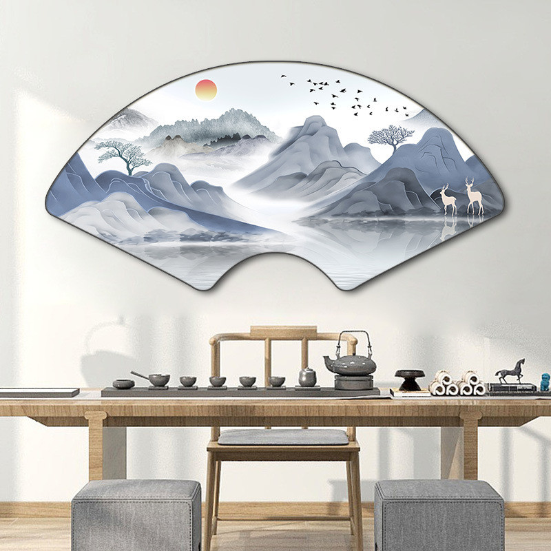 m3no批发新中式客厅沙发舍得字画办公室壁画山水画茶室挂画书房扇