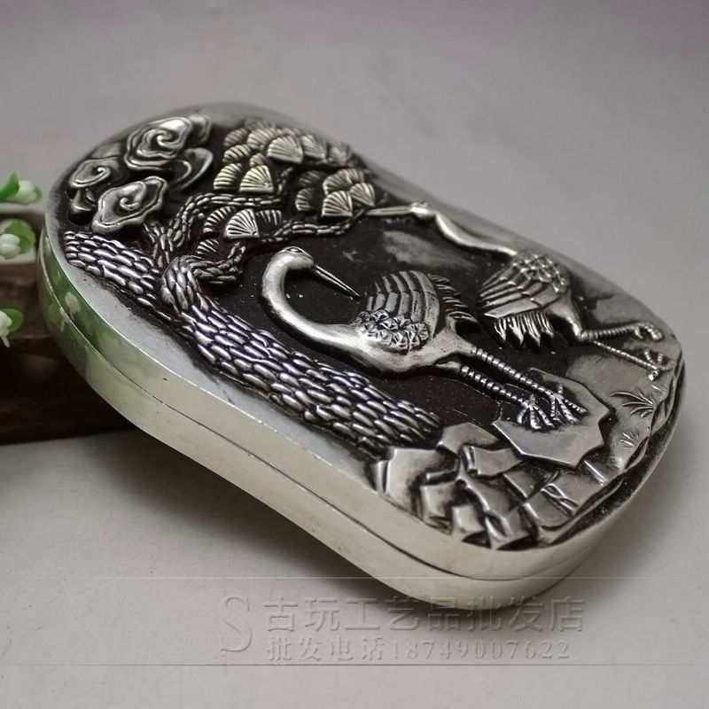 文化用品批发文房四宝杂件收藏做旧松鹤铜制白铜砚台摆饰