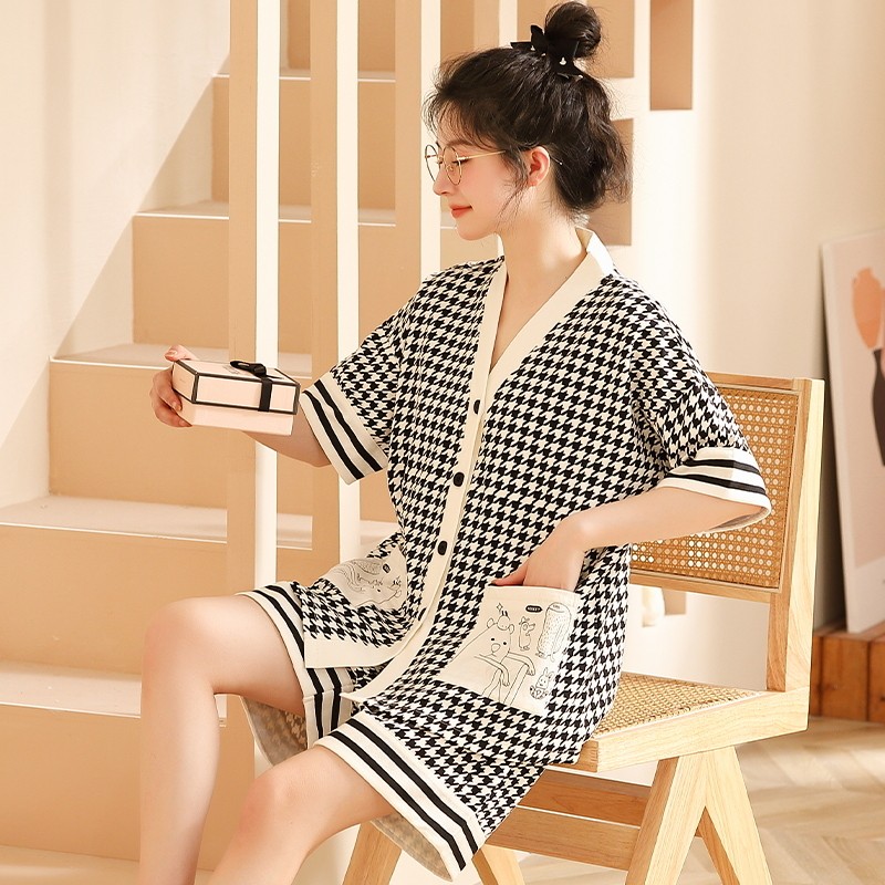 新品睡衣女夏季薄纯棉卡通汗蒸服短袖裤开衫甜美宽松加大码胖MM20