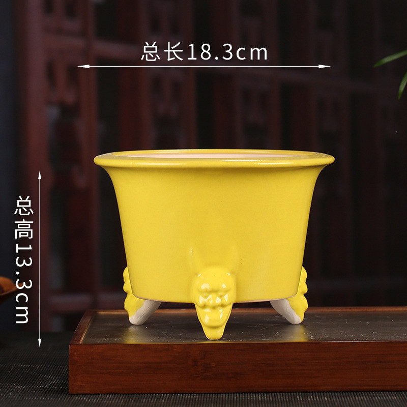 宜兴釉水紫砂花盆仿古批发三足圆口好物阳台桌面多肉各种花卉yz78