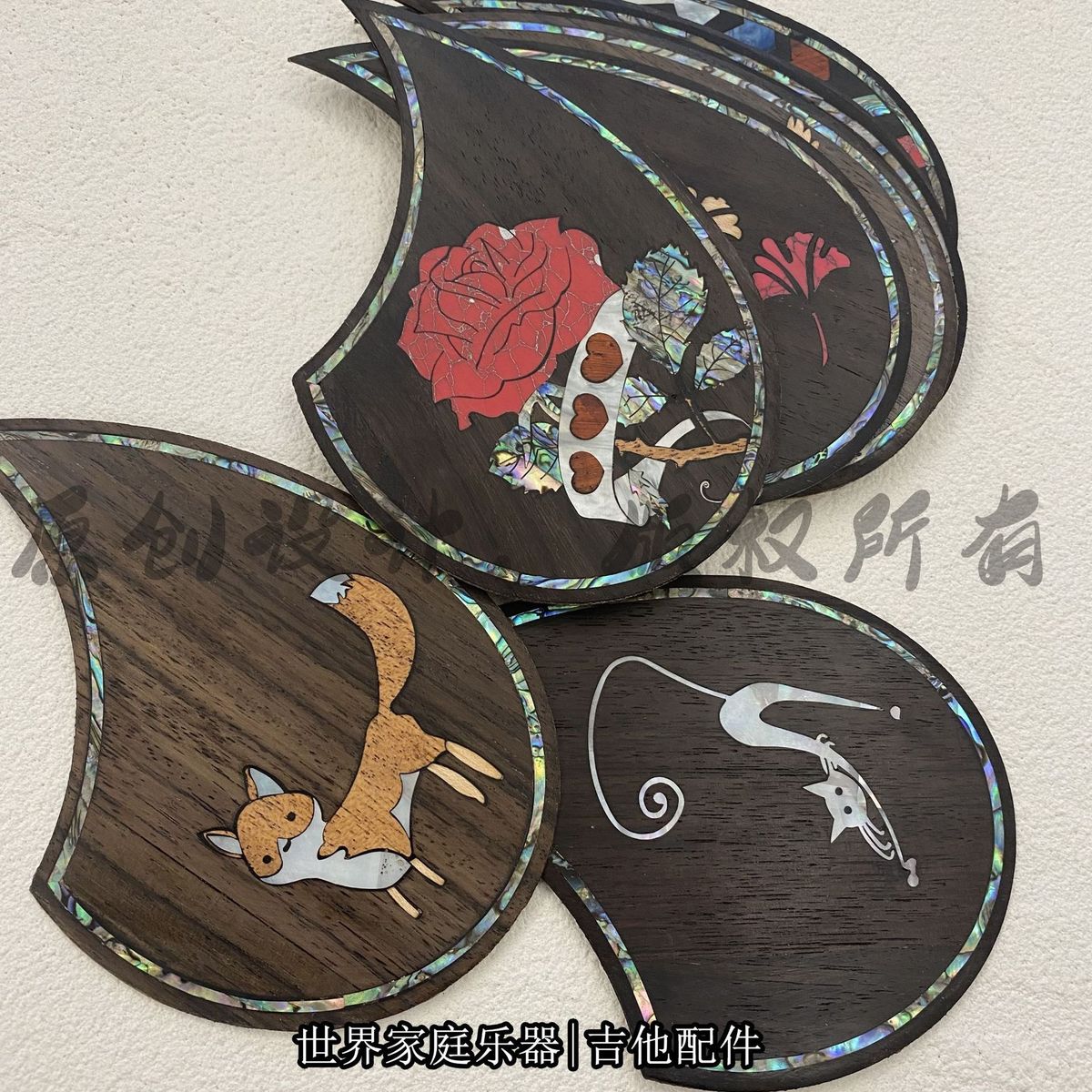 热销民谣比翼鸟狐狸木吉他护板鸳鸯玫瑰镶真贝壳雕花装饰护板百合