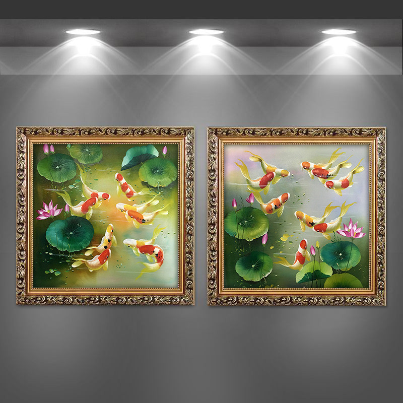 年年有鱼餐厅装饰画饭厅挂画欧式水墨荷花油画客厅九鱼图聚财壁画图片