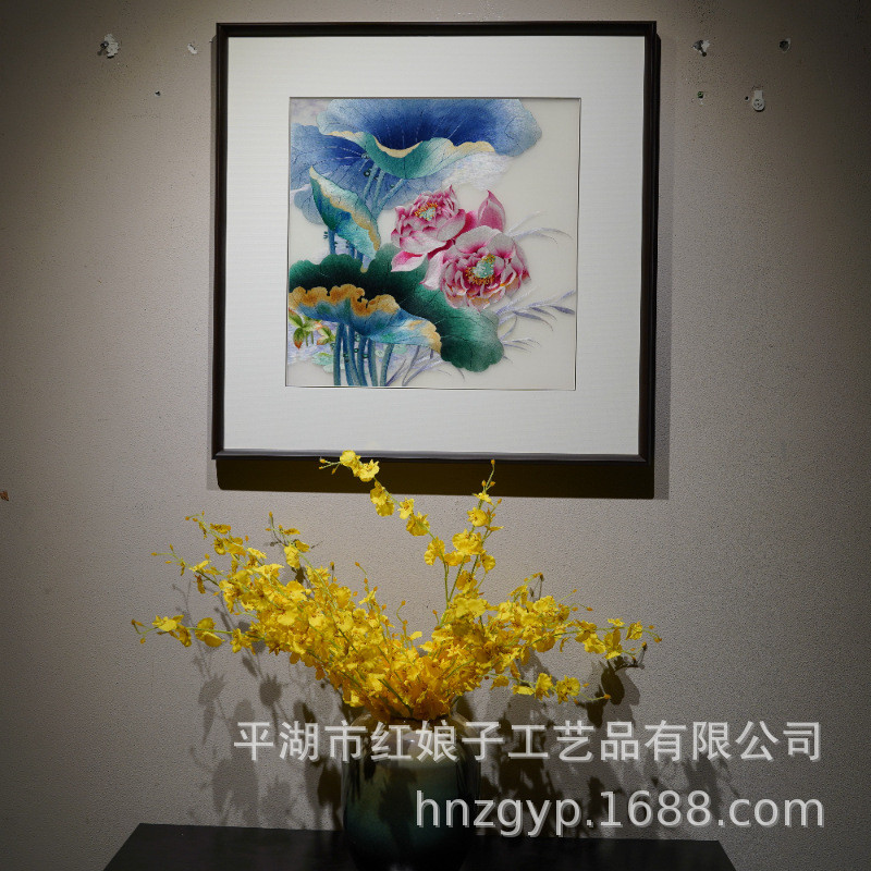 精品纯手工苏绣刺绣手绣荷花图百年好合带框成品包安装客厅装饰画图片