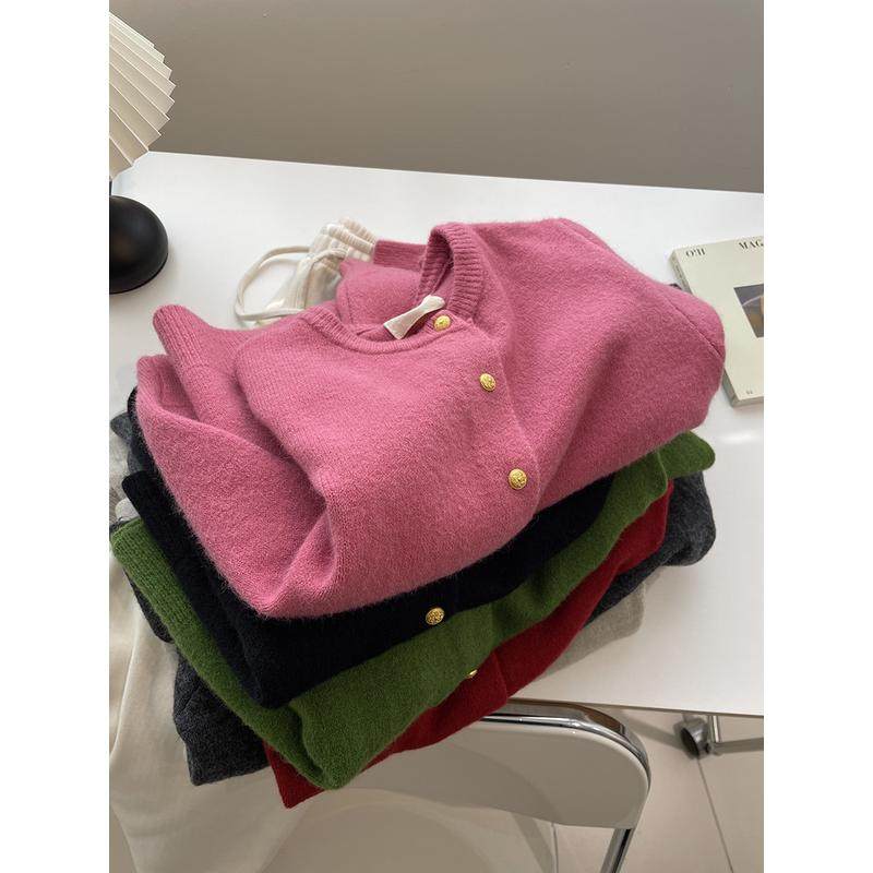 显白树莓粉小金扣开衫女！秋冬韩系软糯加厚保暖圆领毛衣,女装/女士精品,毛衣,淘宝优惠券,粉丝福利购,淘宝优惠卷