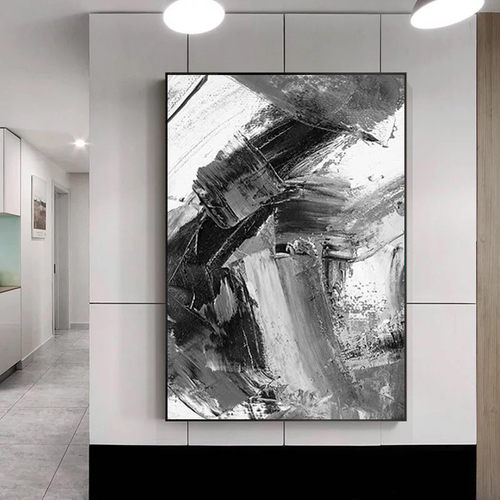 现代简约纯手绘油画超大幅玄关装饰画客厅餐厅抽象画落地画黑灰白