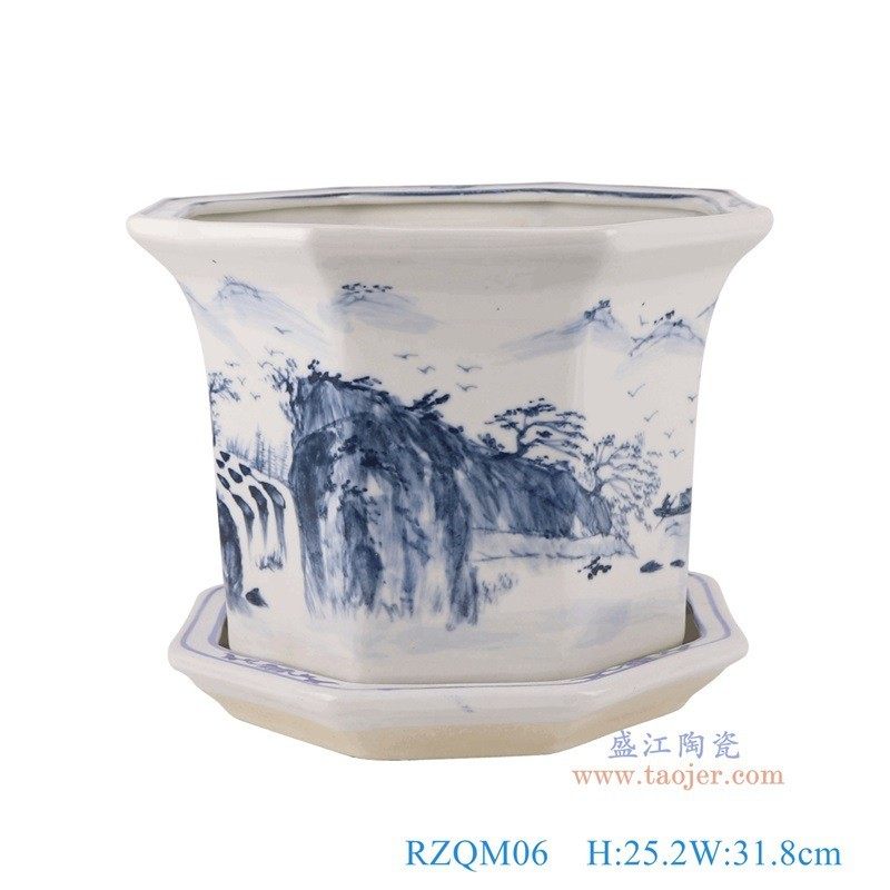 景德镇陶瓷绿植手绘青花山水青釉花盆大号带托盘花卉仿古室内装饰