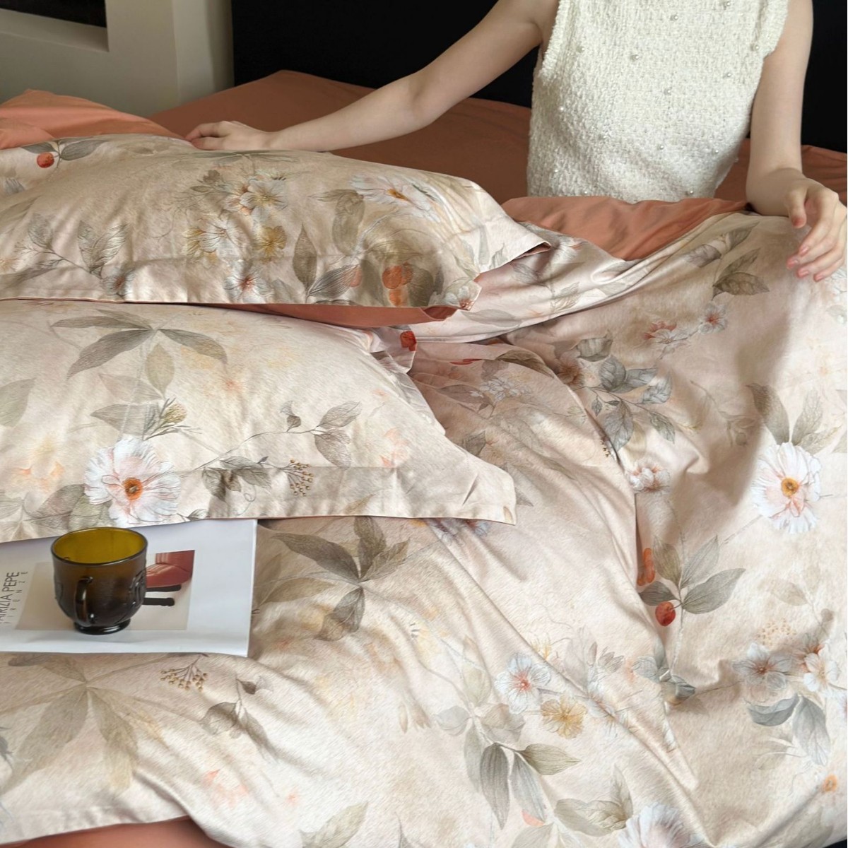 中式素雅100s长绒棉居家四件套数码印花裸睡全棉四季床品被单枕套