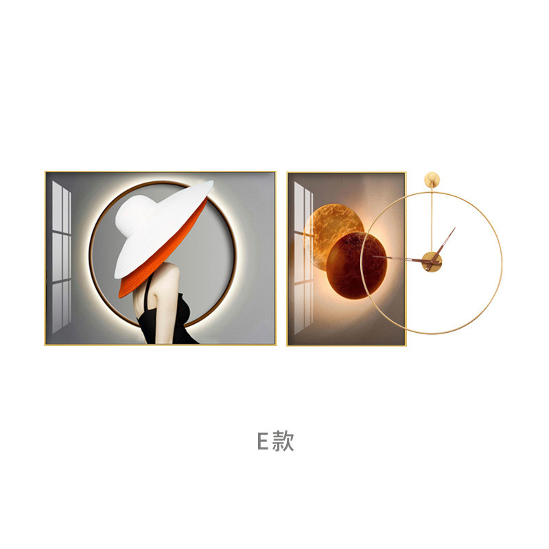 现代人物客厅背景墙两联挂画样板房酒店挂钟晶瓷画创意组合装饰画图片