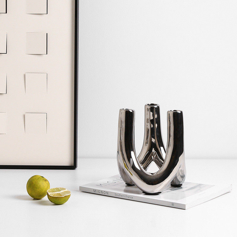 热销欧式轻奢电镀陶瓷烛台银色组合套装样板房酒店餐厅桌面装饰品