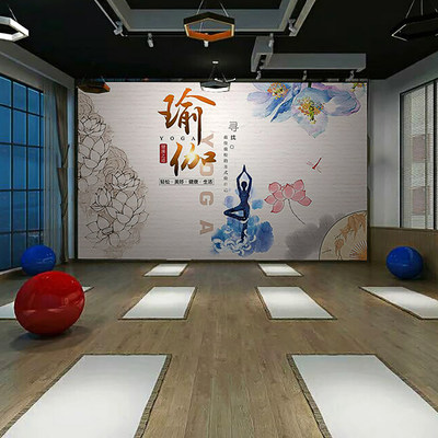 yoga瑜伽馆墙面装饰墙纸壁纸健身房舞蹈工作室背景墙壁画体态墙布
