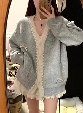 法式宽松温柔风v领蓝色毛衣开衫外套女早春蝴蝶结蕾丝边针织0102e