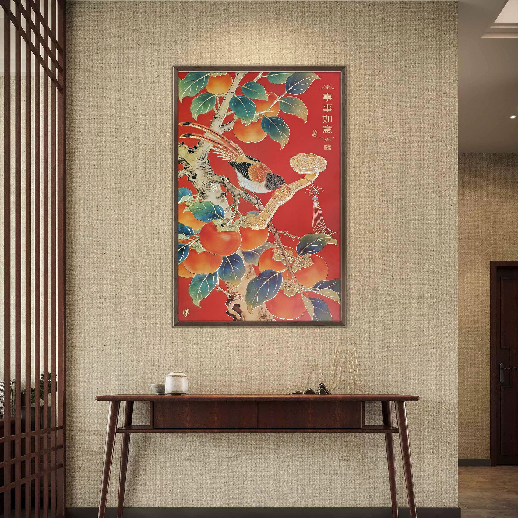 玄关走廊铜雕画事事如意柿子装饰画家庭中式画手工雕刻铜版画