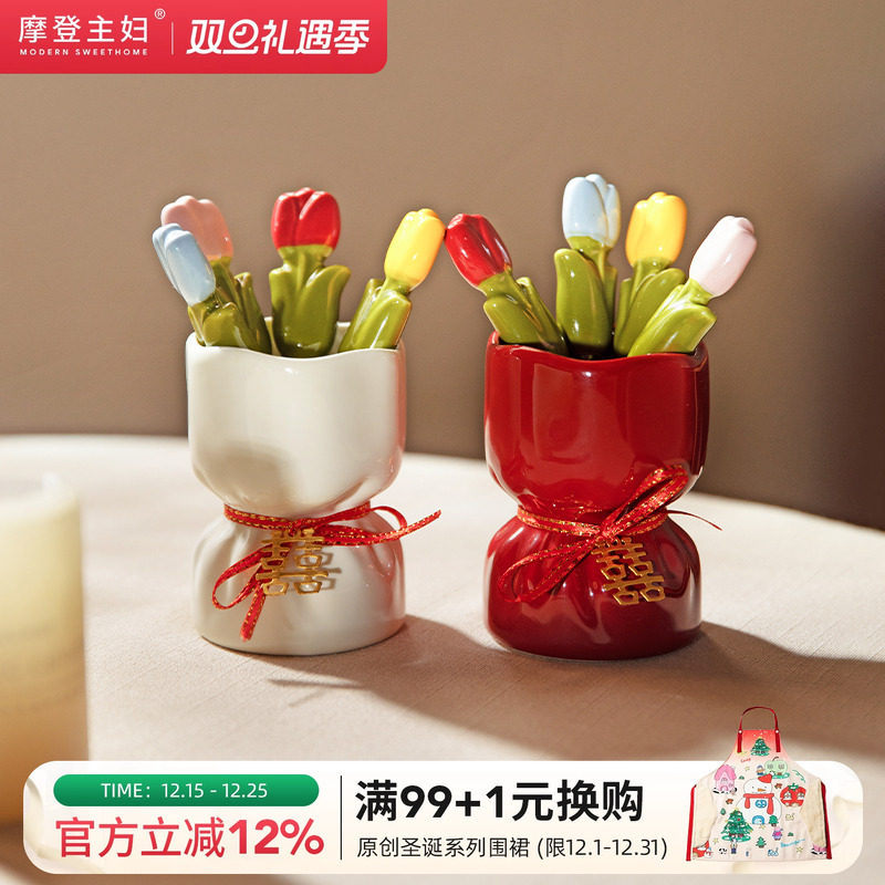 摩登主妇不锈钢水果叉子收纳罐水果签轻奢高级感食品级甜品蛋糕叉