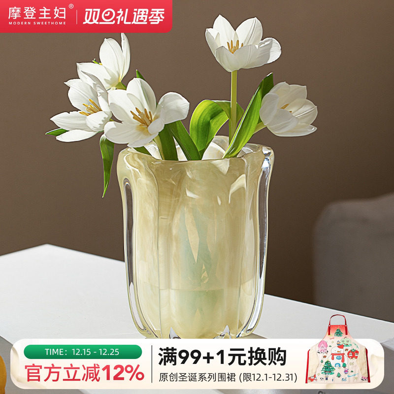摩登主妇MONAZONE新年马年礼物中古玻璃花瓶轻奢敞口客厅插花